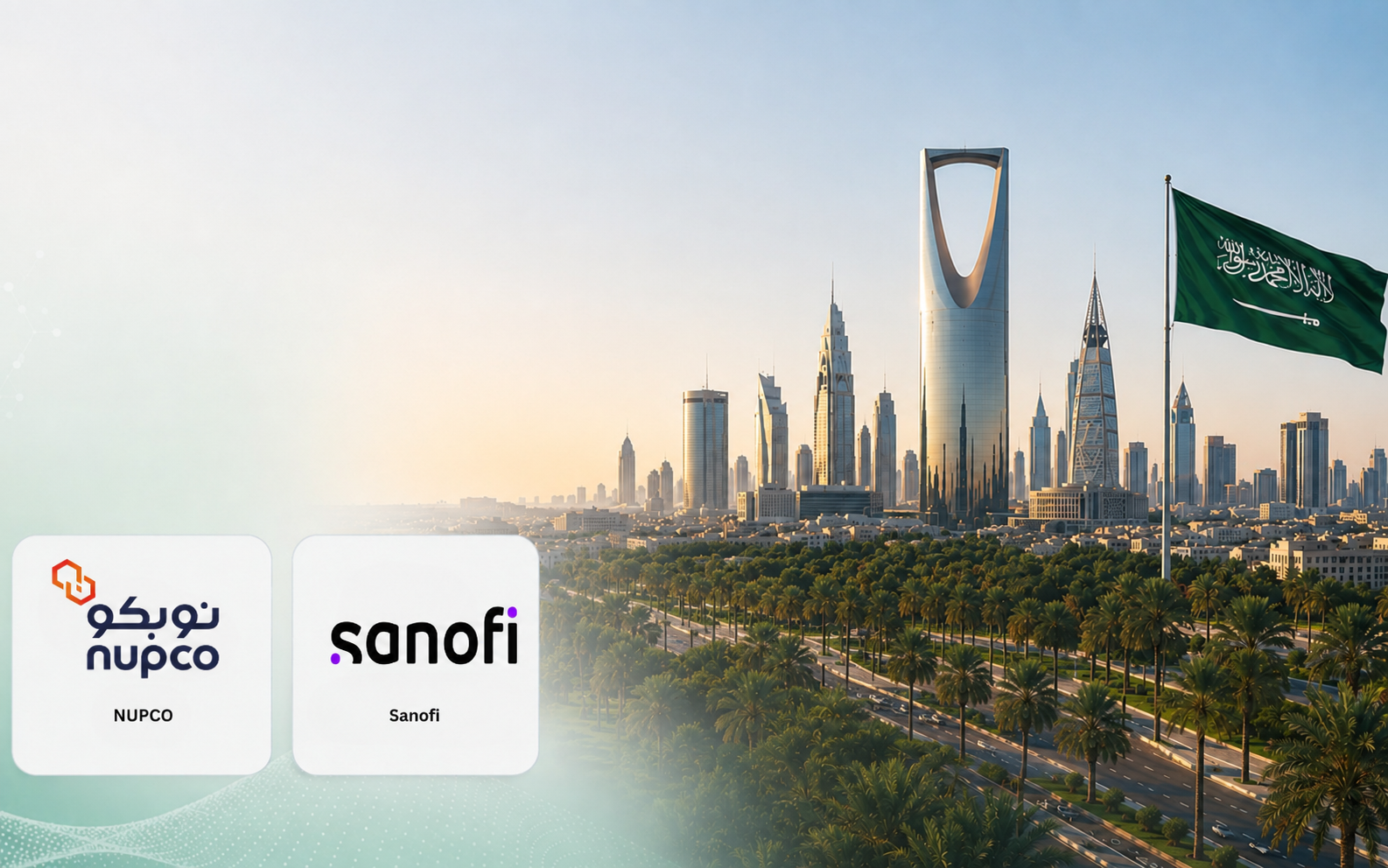 Riyadh skyline with the Saudi flag, with the NUPCO and Sanofi partner logos.