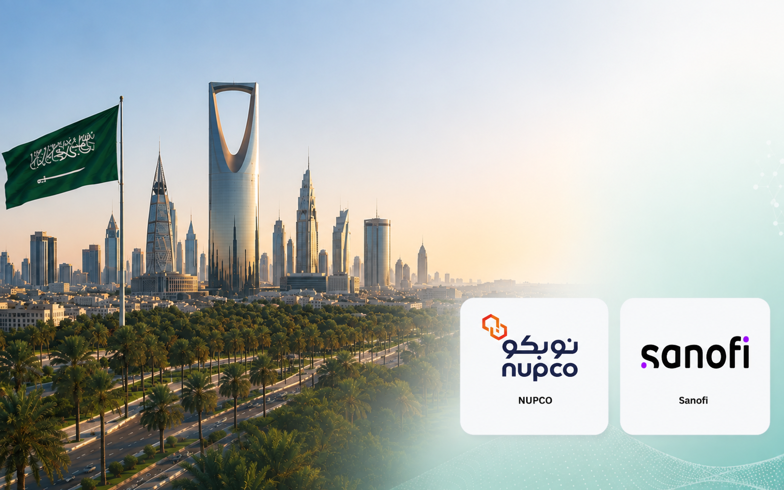 Riyadh skyline with the Saudi flag, with the NUPCO and Sanofi partner logos.